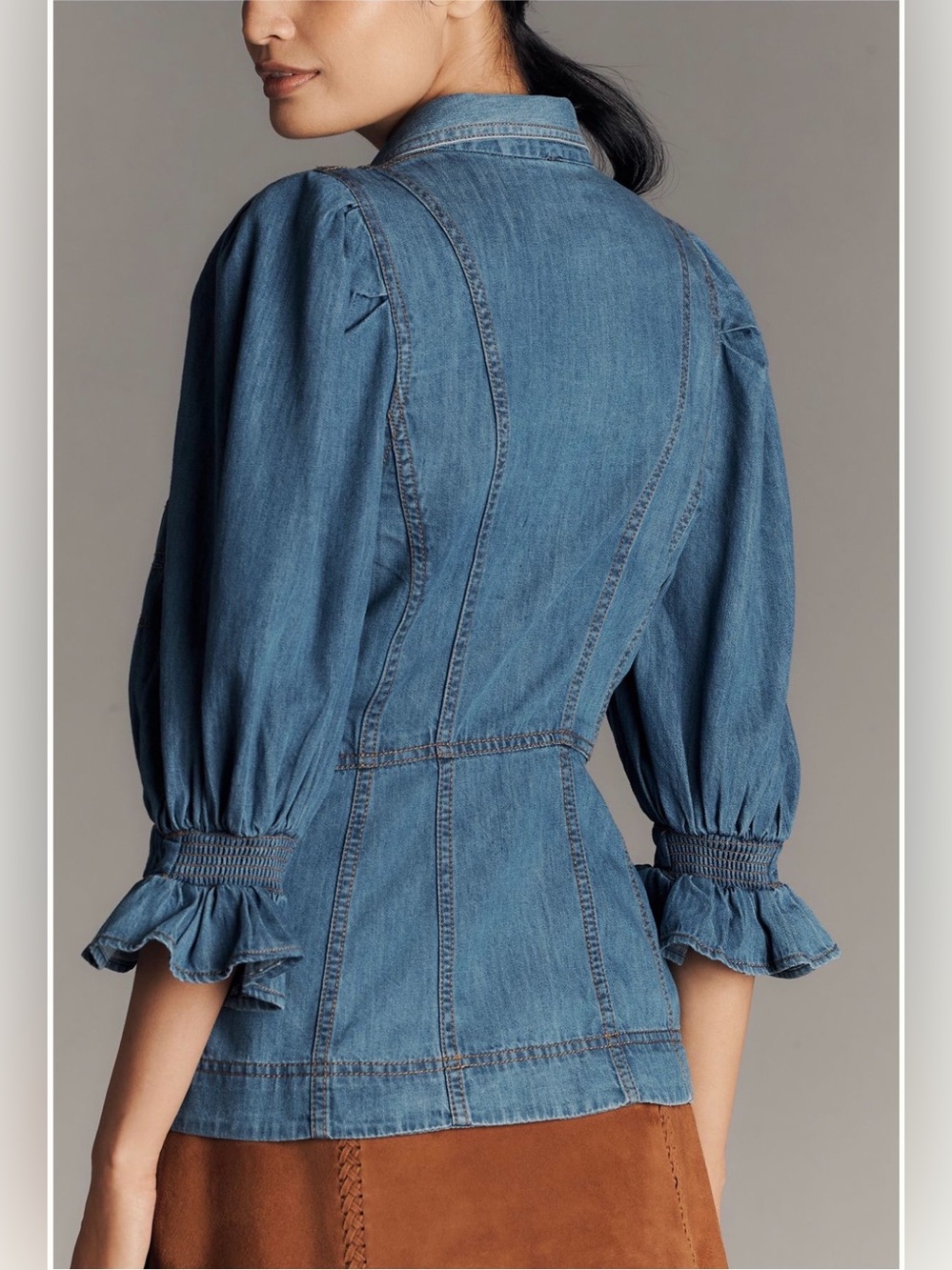 Anthropologie Puff-Sleeve Denim Buttondown Shirt NWT Cotton Indigo Wash Fitted M - Picture 6 of 10